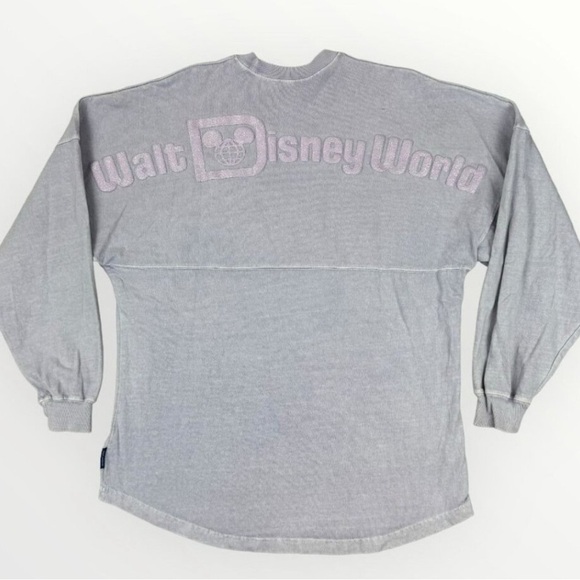 WALT DISNEY WORLD SPIRIT JERSEY Womens Lilac Shirt Shimmer Puff Print Spellout M - Picture 1 of 6